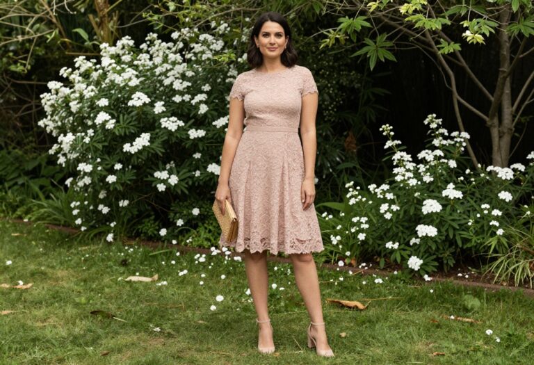 Woman in blush tea length lace dress with nude heels and woven clutch at garden wedding