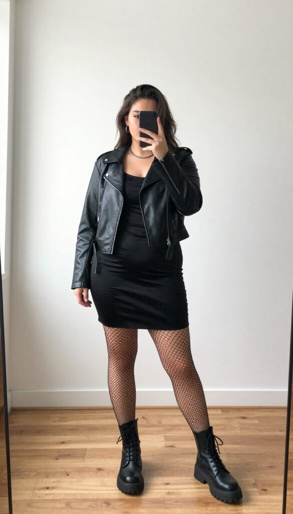 Plus-size woman in black slip dress, cropped leather jacket, and chunky combat boots taking a mirror selfie in bright natural light, grunge outfit inspiration.