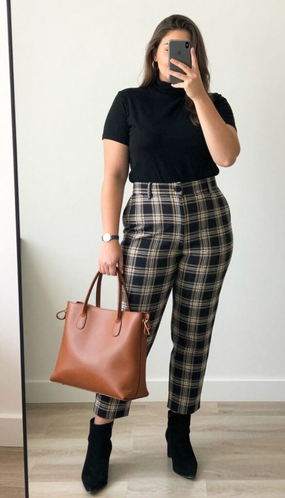 Teenage girl in black turtleneck and plaid trousers holding a cognac soft board bag, standing in a mirror selfie pose.