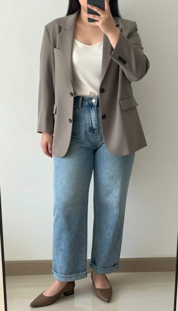 Model in camel blazer, straight-leg jeans, silk cami, and pointed-toe flats