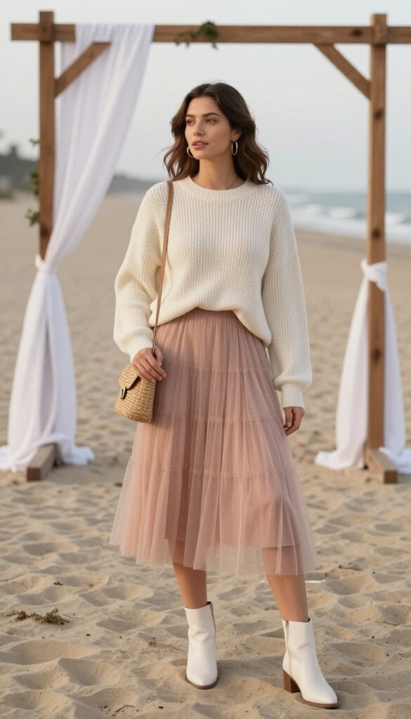 Woman in cream ribbed knit sweater and blush tulle midi dress with white ankle boots and woven crossbody bag at beach wedding