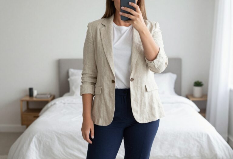 Woman in beige blazer, white tee, cropped navy trousers, and white sneakers taking a mirror selfie in bedroom.