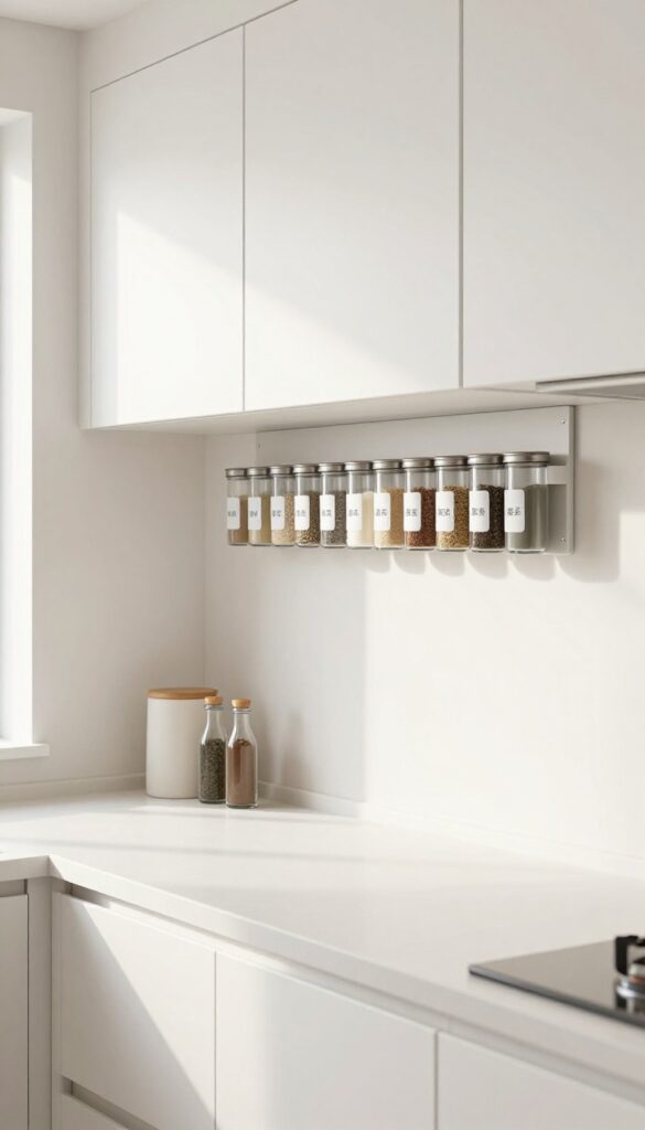 Magnetic spice rack attached to the side of a kitchen upper cabinet, holding metal spice jars in bright natural light.