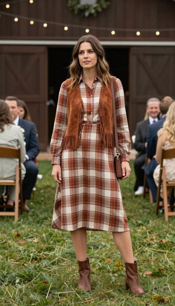 Woman in plaid shirt dress with suede vest and ankle boots at rustic outdoor wedding venue