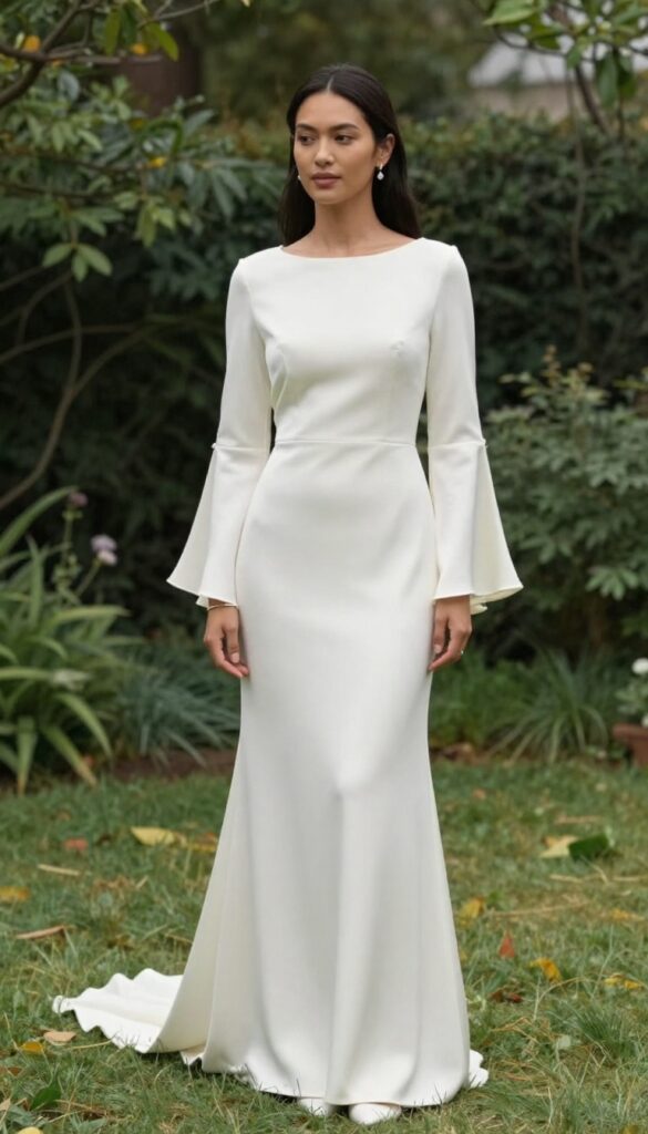 Woman in ivory wedding dress with long flared sleeves and statement drop earrings, standing in a garden
