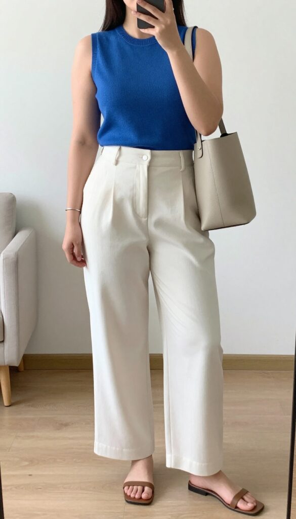 Woman in sleeveless sweater and wide-leg culottes with slide sandals, holding a structured bucket bag.
