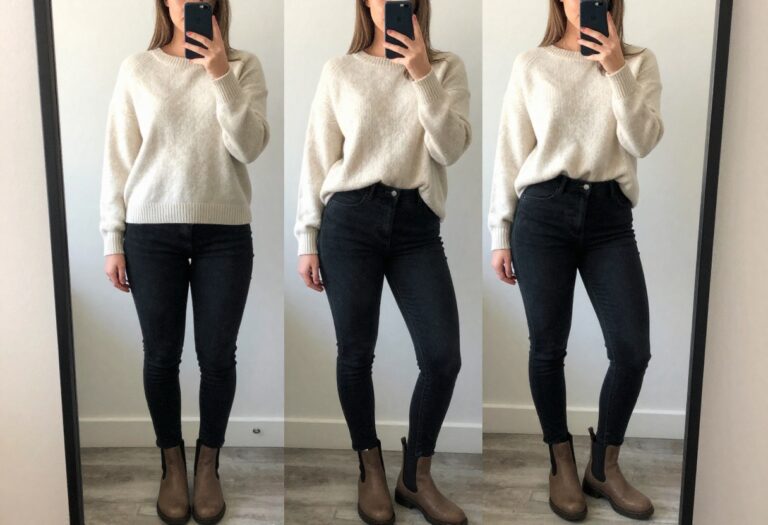 Woman in black jeans and cream sweater taking a mirror selfie in bedroom
