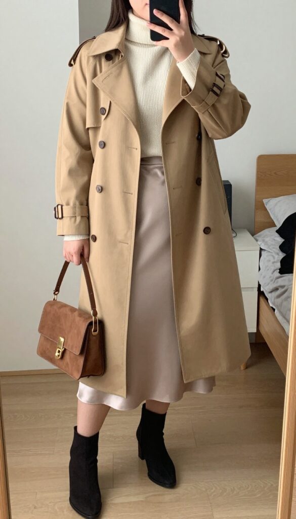 Woman in camel trench coat, silk midi skirt, turtleneck, ankle boots, and crossbody bag, neutral business casual outfit