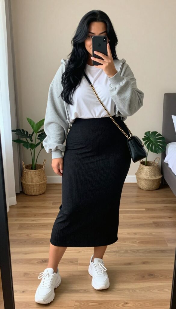 Plus-size woman in oversized grey hoodie and black pleated midi skirt, taking a mirror selfie with chunky sneakers and crossbody bag, in bright bedroom setting.