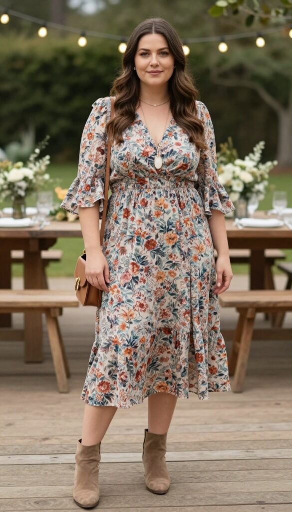 Woman in muted floral bell-sleeve midi dress with tan suede ankle boots, long pendant necklace, and crossbody bag at rustic outdoor wedding venue.