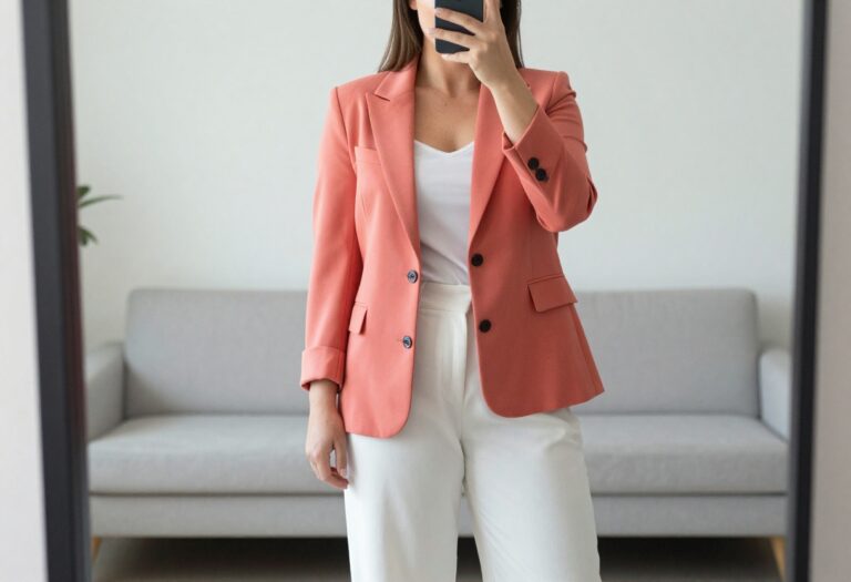 Woman in coral blazer and white wide-leg trousers taking a mirror selfie in a bedroom