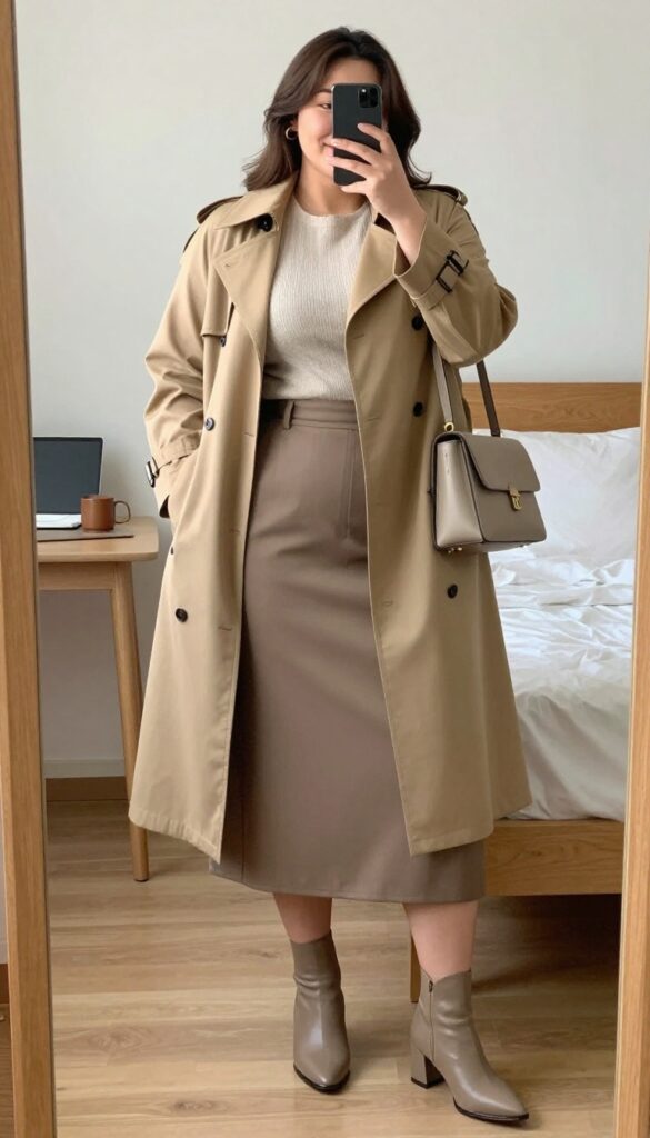 Woman in unbuttoned trench coat over knit top and A-line skirt, holding crossbody bag, in a professional setting.