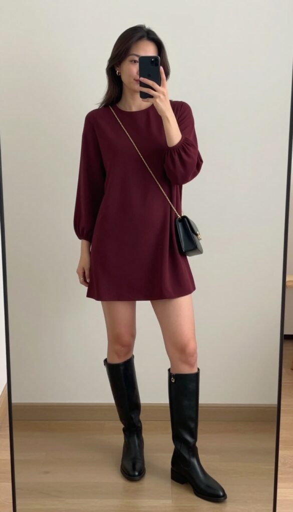 Woman in burgundy tunic dress and black knee-high boots standing in autumn park