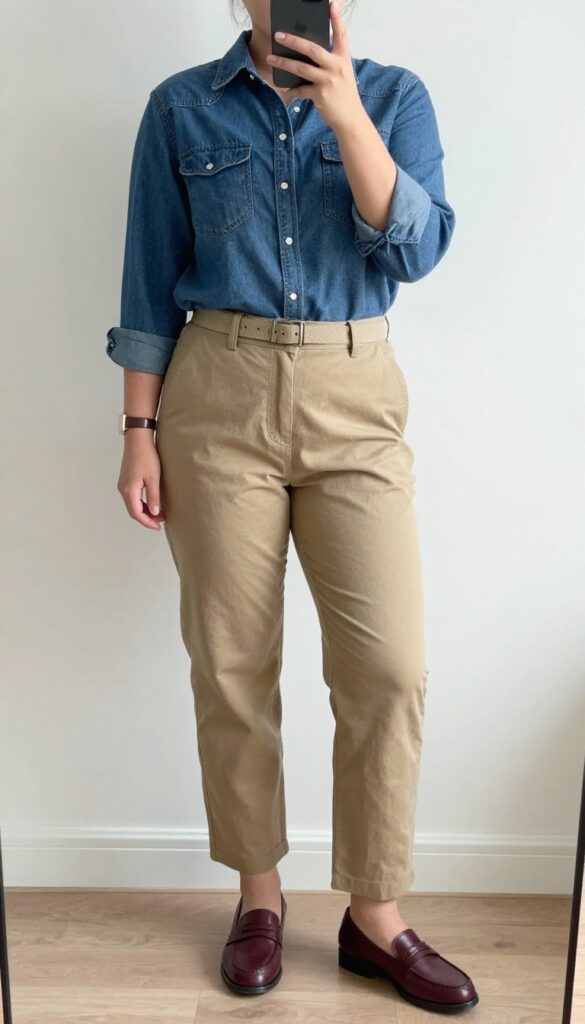Denim shirt and khaki trousers with burgundy loafers