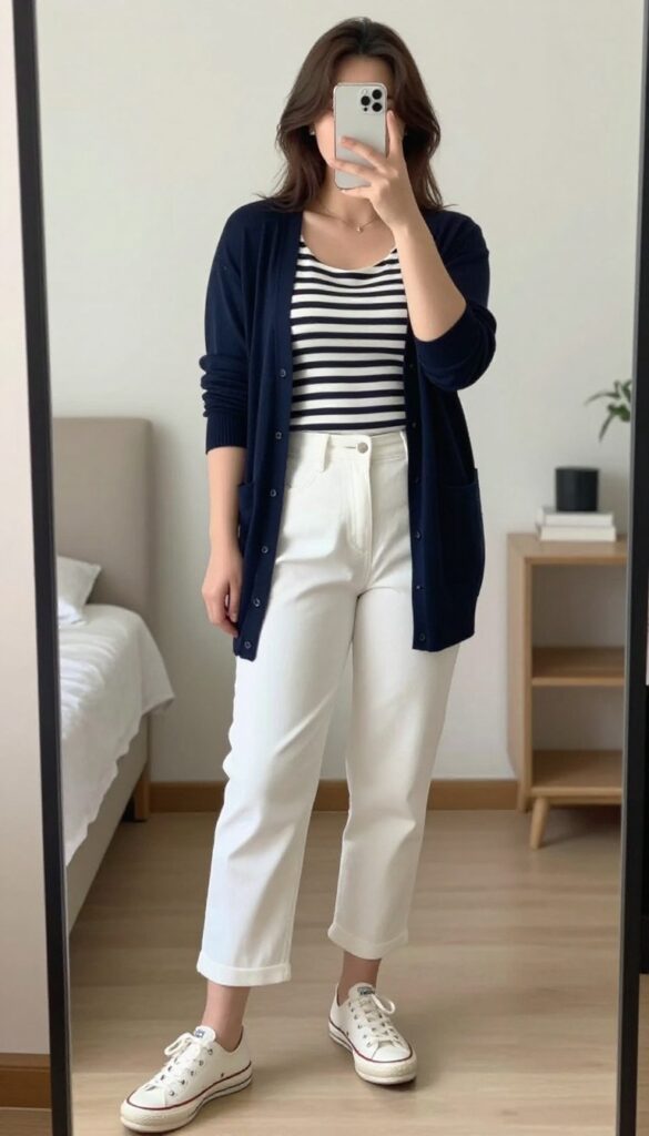 Navy cardigan, striped Breton top, white cropped pants, canvas sneakers, business casual outfit