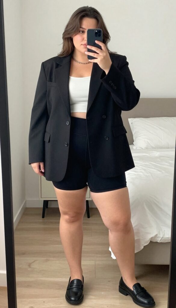 Woman wearing oversized blazer as top with biker shorts and loafers, taking mirror selfie in bedroom