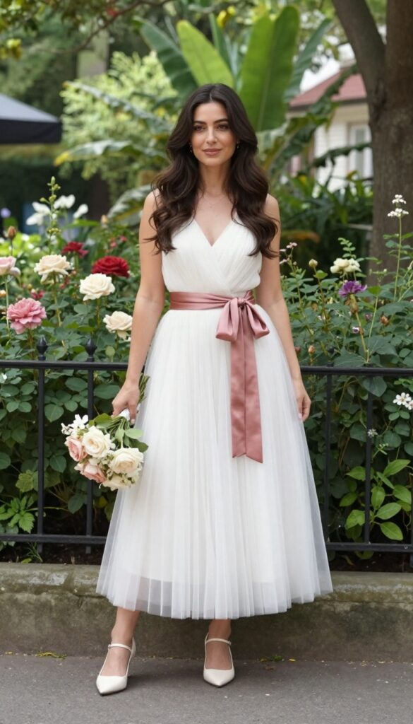Woman in white tulle dress with dusty rose sash in garden