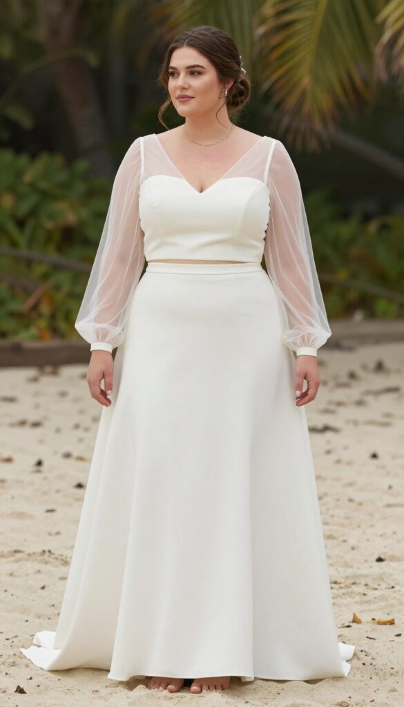 Plus-size bride in two-piece crop top and high-waist skirt on sunny beach