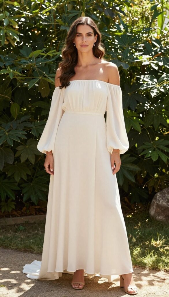 Woman in off-shoulder ivory crepe boho wedding gown with bell sleeves and train, gold jewelry, nude sandals, standing in garden at golden hour