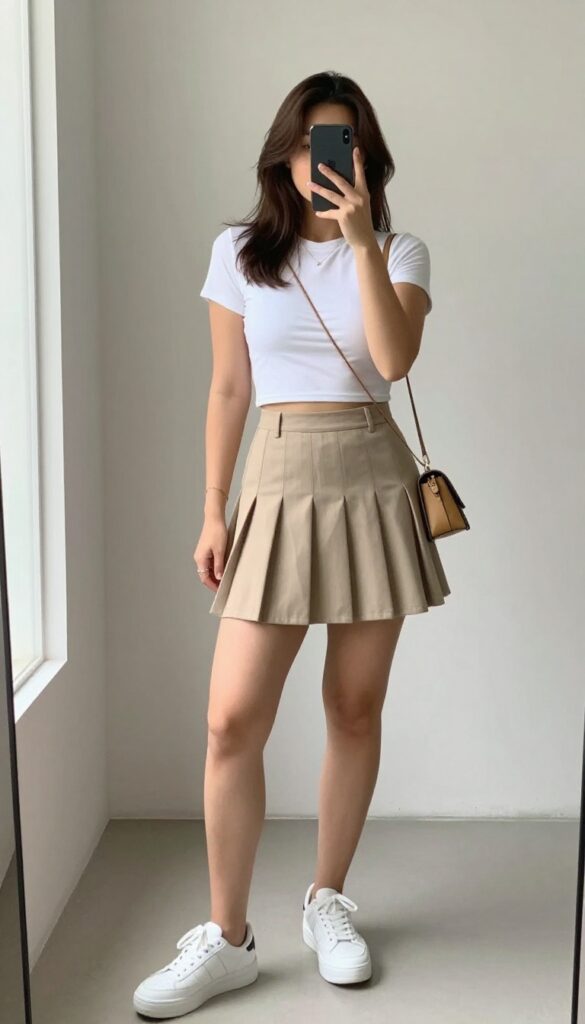 A young woman in a beige pleated mini skirt and white crop top takes a mirror selfie, wearing white sneakers and a small tan bag, with natural lighting and a casual summer vibe.