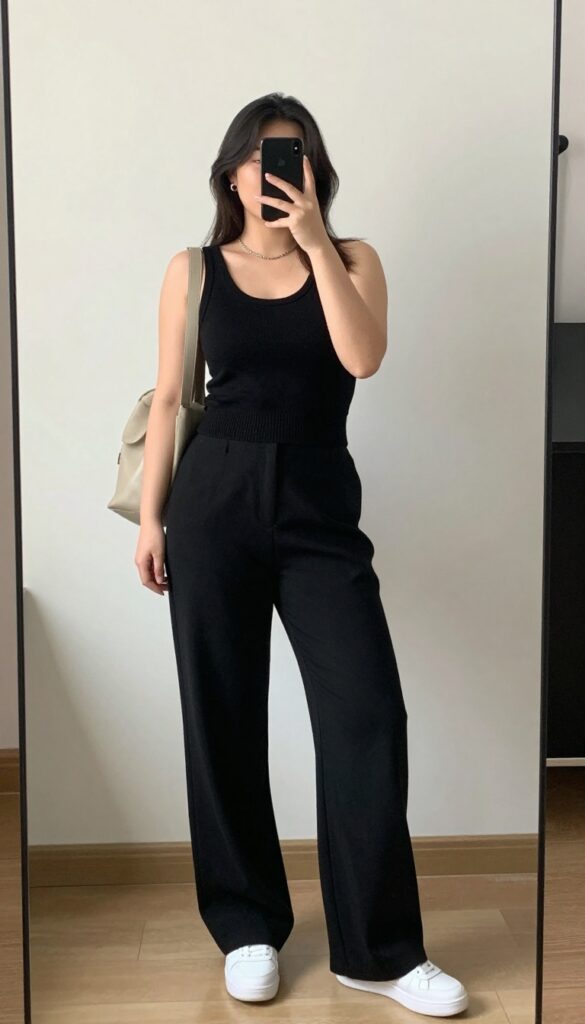 Black knit set with wide-leg pants and white sneakers, styled with a mini backpack and minimal jewelry, mirror selfie in bedroom.