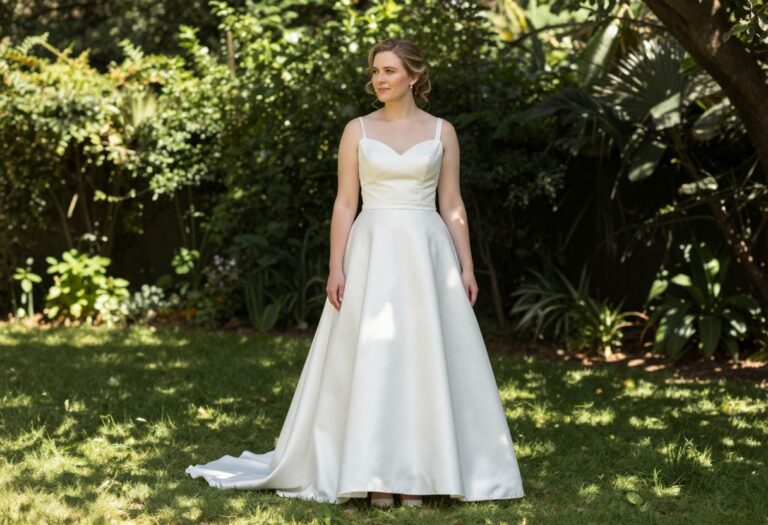 Bride in formal satin wedding dress in garden