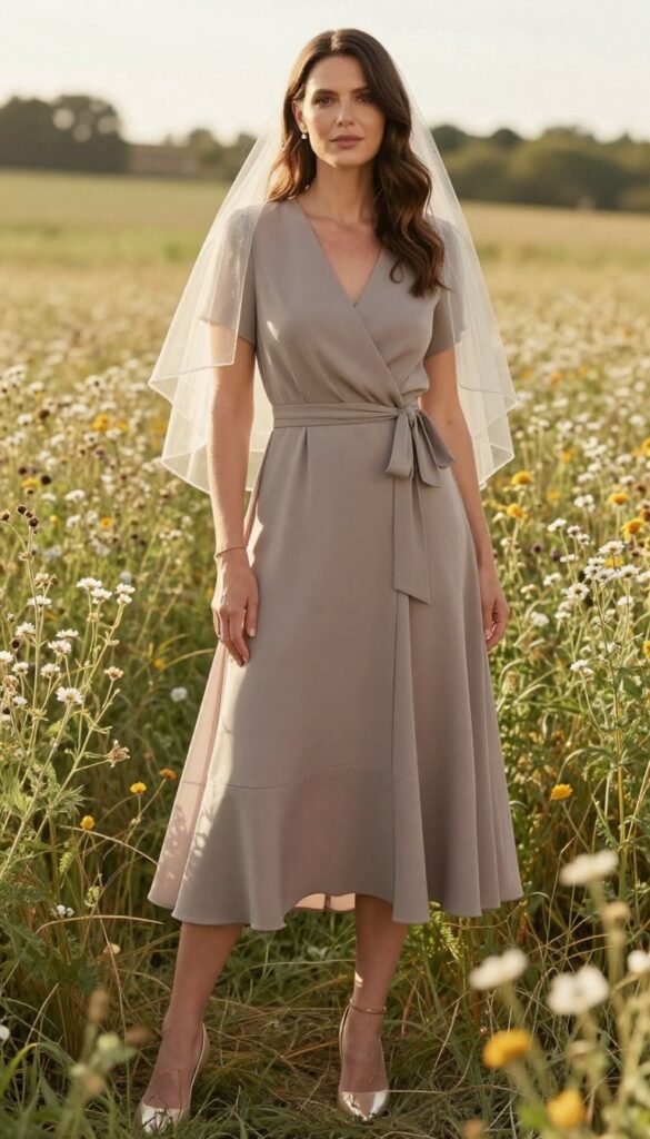 Woman in taupe wrap dress and two-tier veil in a sunlit field