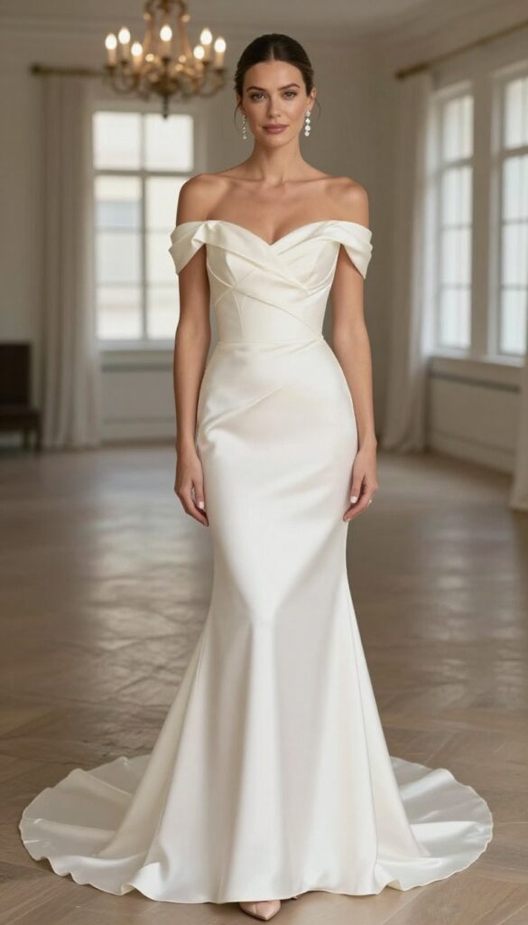 Woman in satin mermaid wedding dress with off-the-shoulder sleeves, standing in a ballroom with chandeliers.