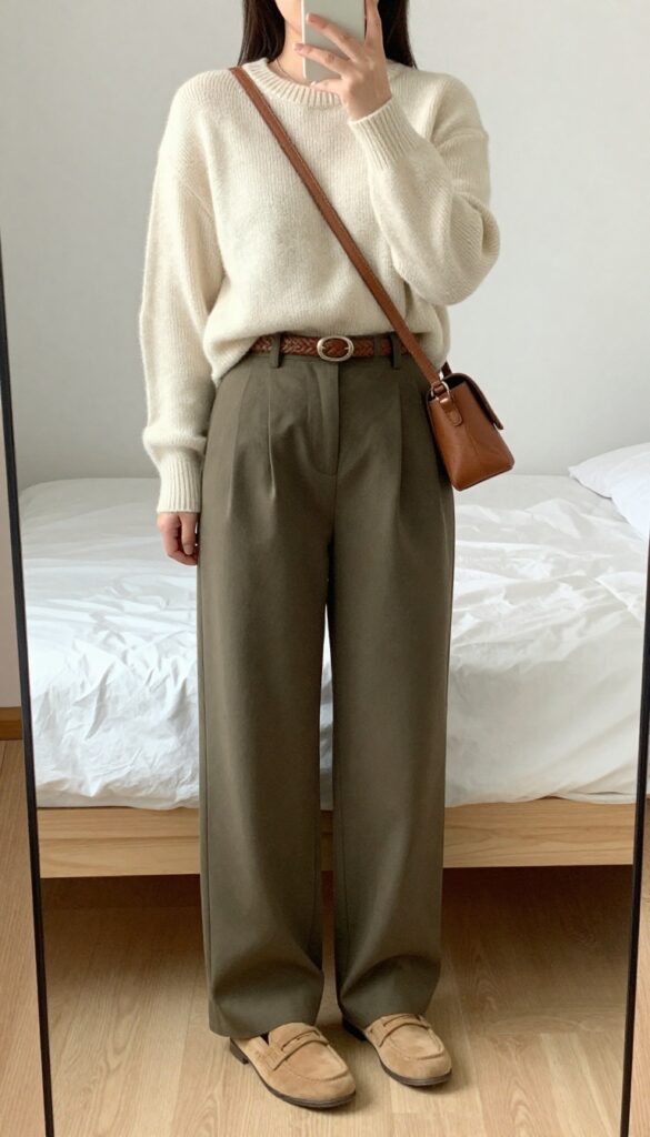 Woman in cream knit sweater and olive wide-leg trousers with tan loafers and crossbody bag