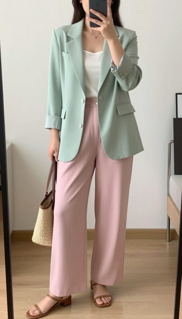 A woman in a pastel blazer and matching trousers, wearing a camisole and strappy sandals, holding a woven tote.