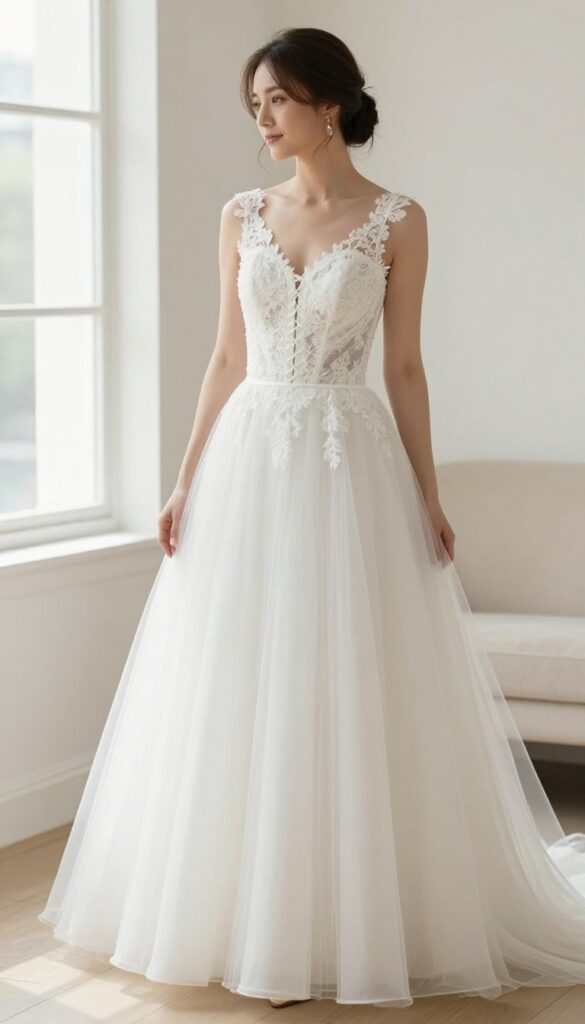 Bride in white ball gown with corset bodice and detachable tulle train, standing in bright bridal boutique, holding train.