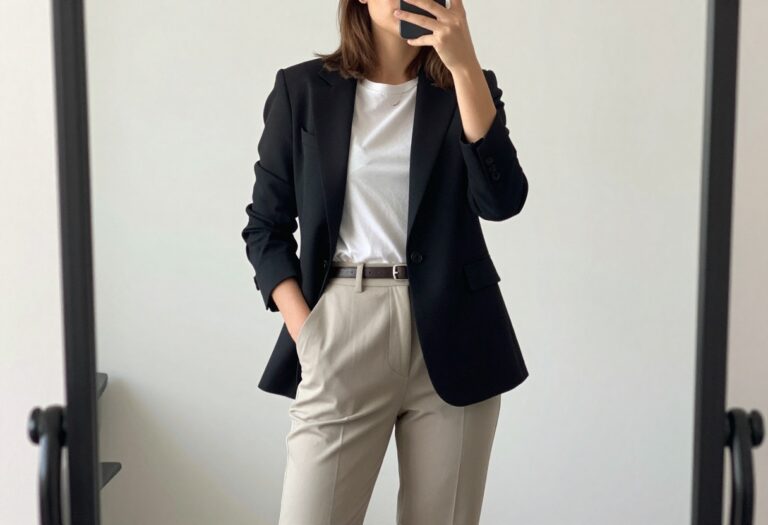 Woman taking a mirror selfie wearing a white tee, black blazer, and tailored trousers for a business casual outfit.