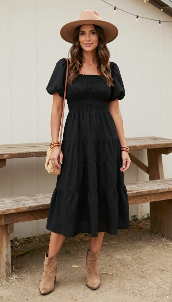 Young woman in black tiered midi dress and tan ankle boots at rustic barn wedding