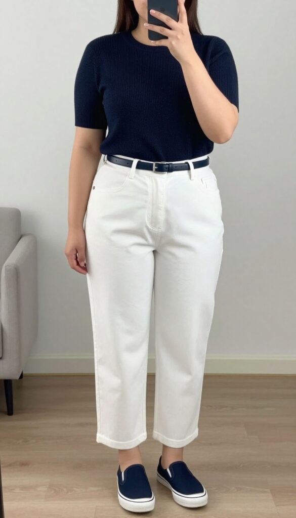 Petite woman in navy knit and white cropped trousers with canvas sneakers