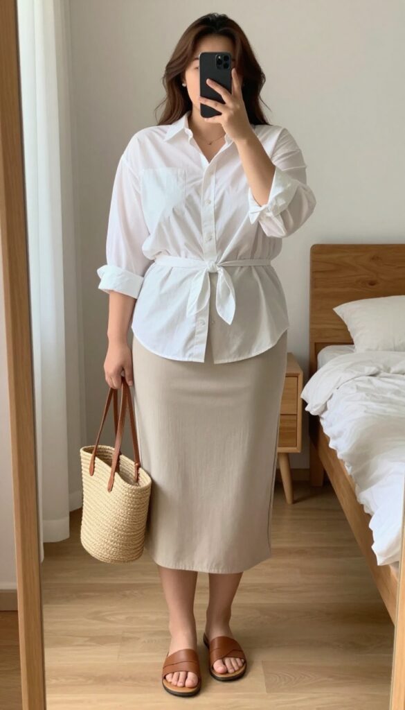 Curvy woman in button-down shirt and midi wrap skirt with slides, taking a mirror selfie in bedroom, partially covering face with phone.