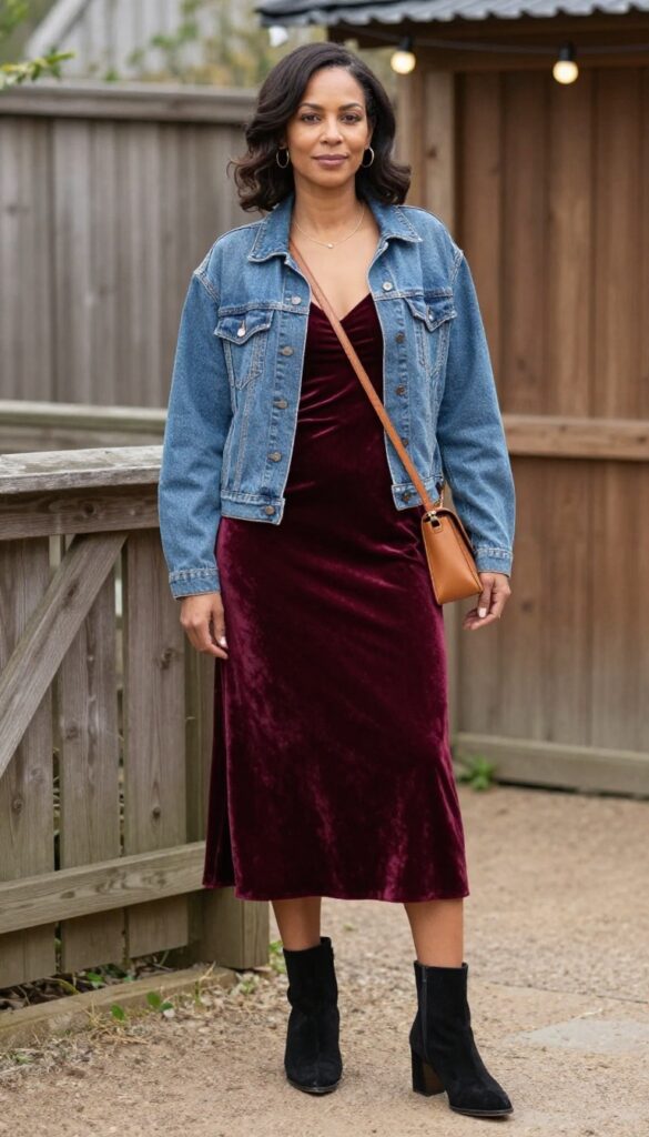 Woman in burgundy velvet slip dress and denim jacket at rustic outdoor wedding reception