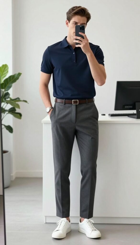 A man in a navy polo shirt and charcoal tailored trousers with white sneakers, standing in a bright office lobby, looking sharp and comfortable.