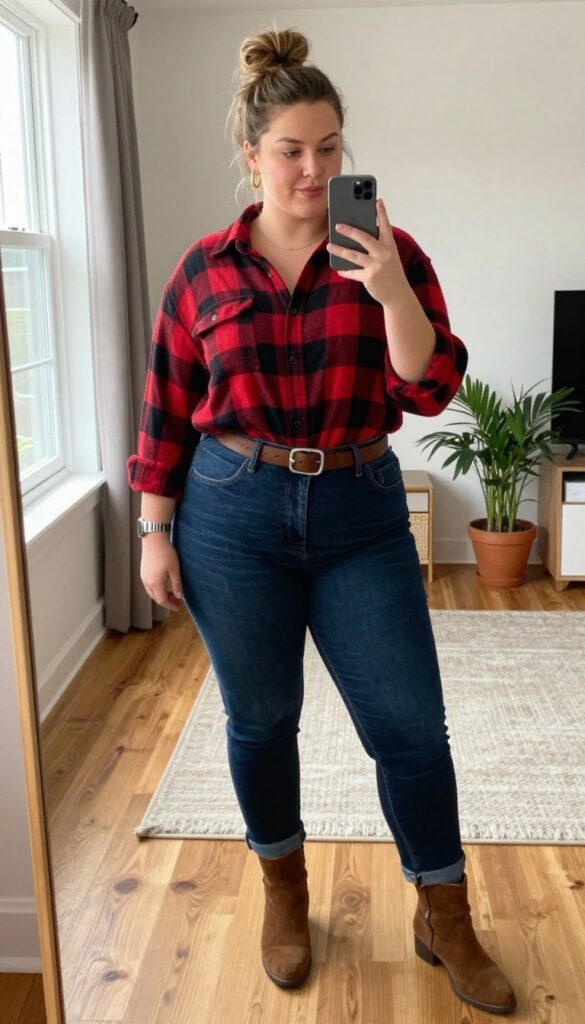 Plus-size woman in high-waisted straight-leg jeans and a red plaid shirt, taking a mirror selfie. She wears a brown belt, suede ankle boots, and small gold hoops. The setting is a bright room with a mirror and a plant.