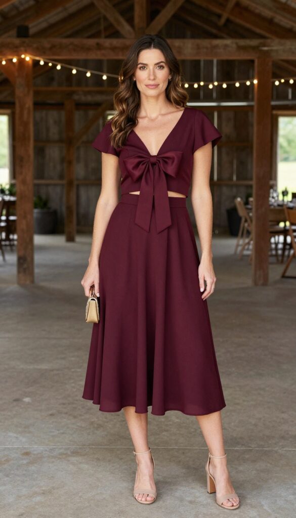 Woman in burgundy bow crop top and midi skirt at rustic barn wedding