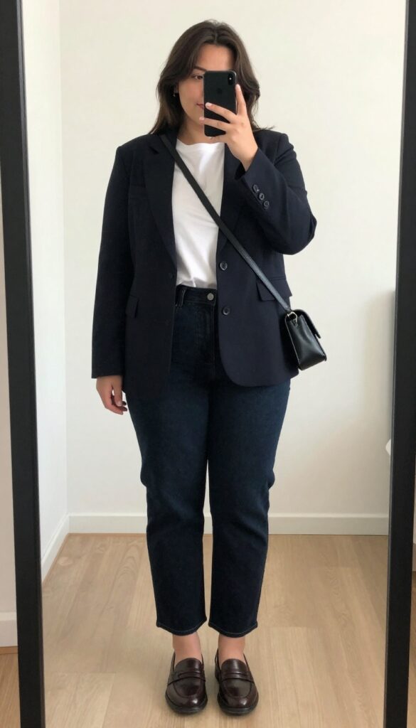 Woman in blazer, white tee, dark jeans, loafers, and crossbody bag, mirror selfie
