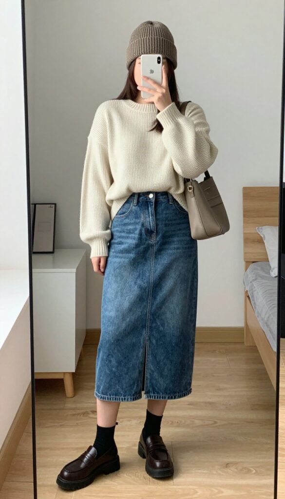 A woman in chunky loafers, midi denim skirt, and oversized cream sweater, taking a mirror selfie in a bedroom, partially covering her face with her phone.
