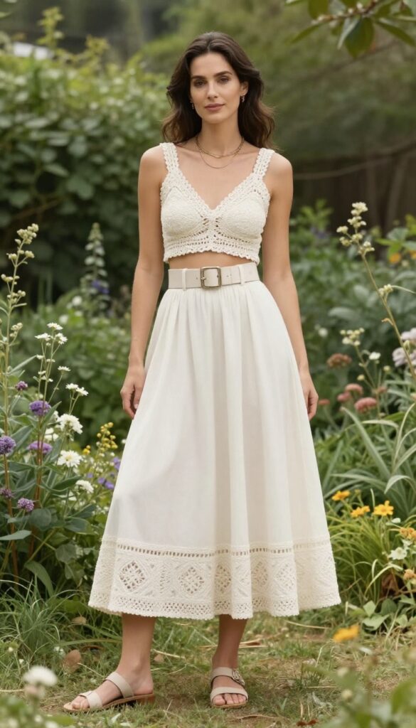 Bride in crochet crop top and high-waisted A-line skirt in garden