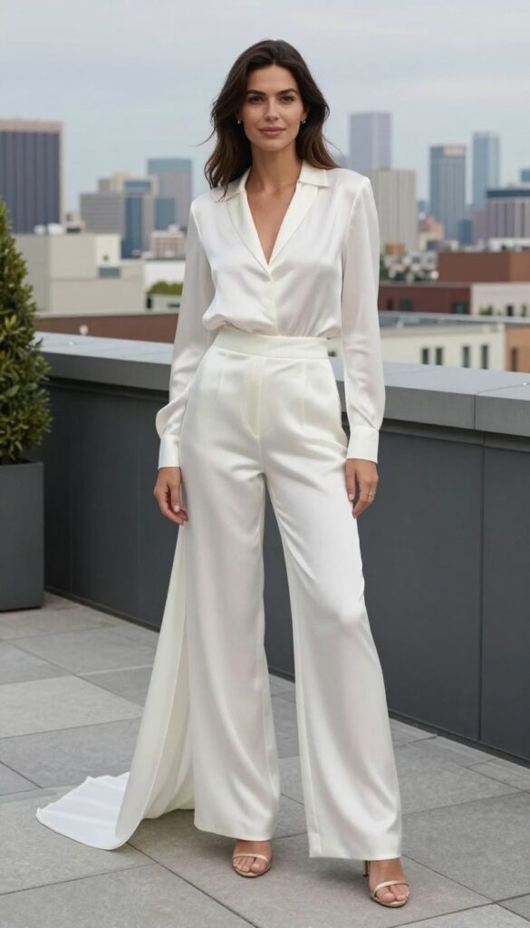 Woman in white silk jumpsuit with flowing palazzo pants and train at rooftop art gallery