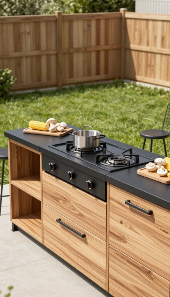 Modular outdoor kitchen counter system with drop-in burners in a sunny backyard