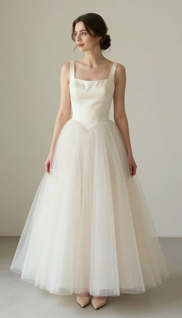Woman in tulle ball gown with satin bodice standing in garden
