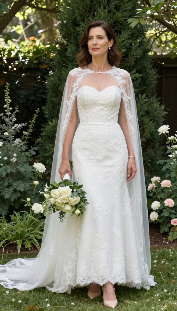 Woman in lace strapless wedding gown with floor-length tulle cape in garden