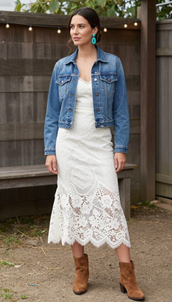 Woman in fitted white lace mermaid dress with cropped denim jacket, turquoise earrings, and brown suede ankle boots at rustic outdoor wedding venue