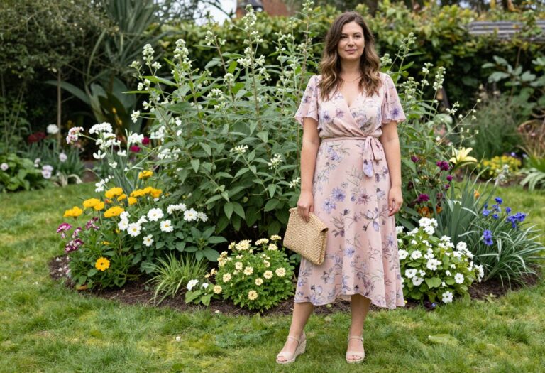 Woman in floral wrap dress and espadrille wedges at a garden wedding