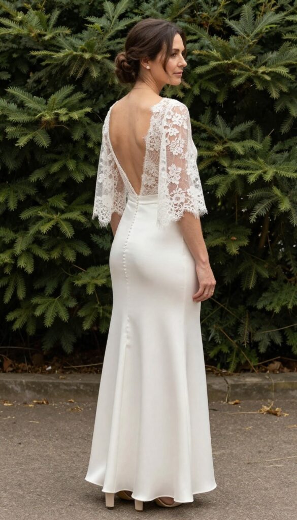 Woman in her late 20s wearing a low back satin wedding dress with a sheer lace cape overlay, standing in a garden with soft afternoon light.