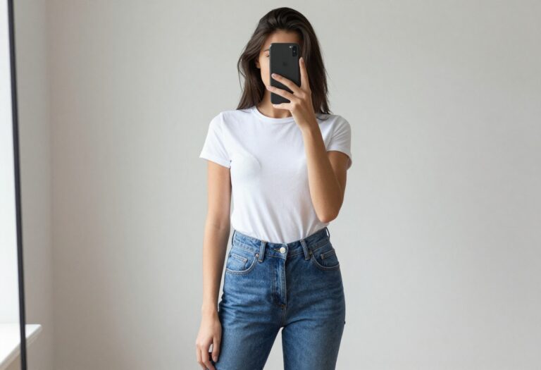 A woman in a white tee and straight-leg jeans takes a mirror selfie, showcasing a balanced, casual outfit.